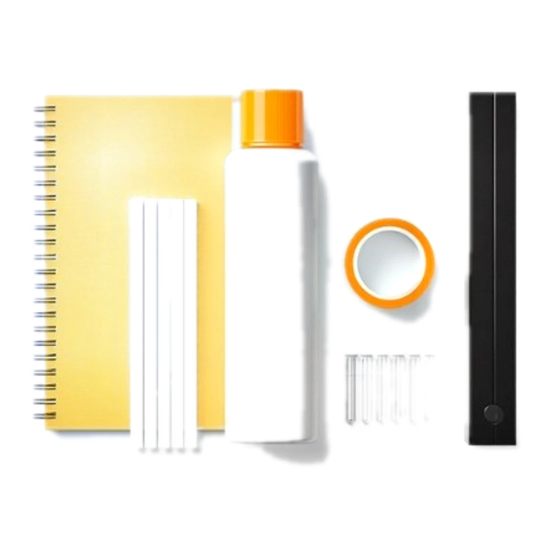 Insumos de escena: aerosol, cuaderno, tizas, cinta de acordonar y viales