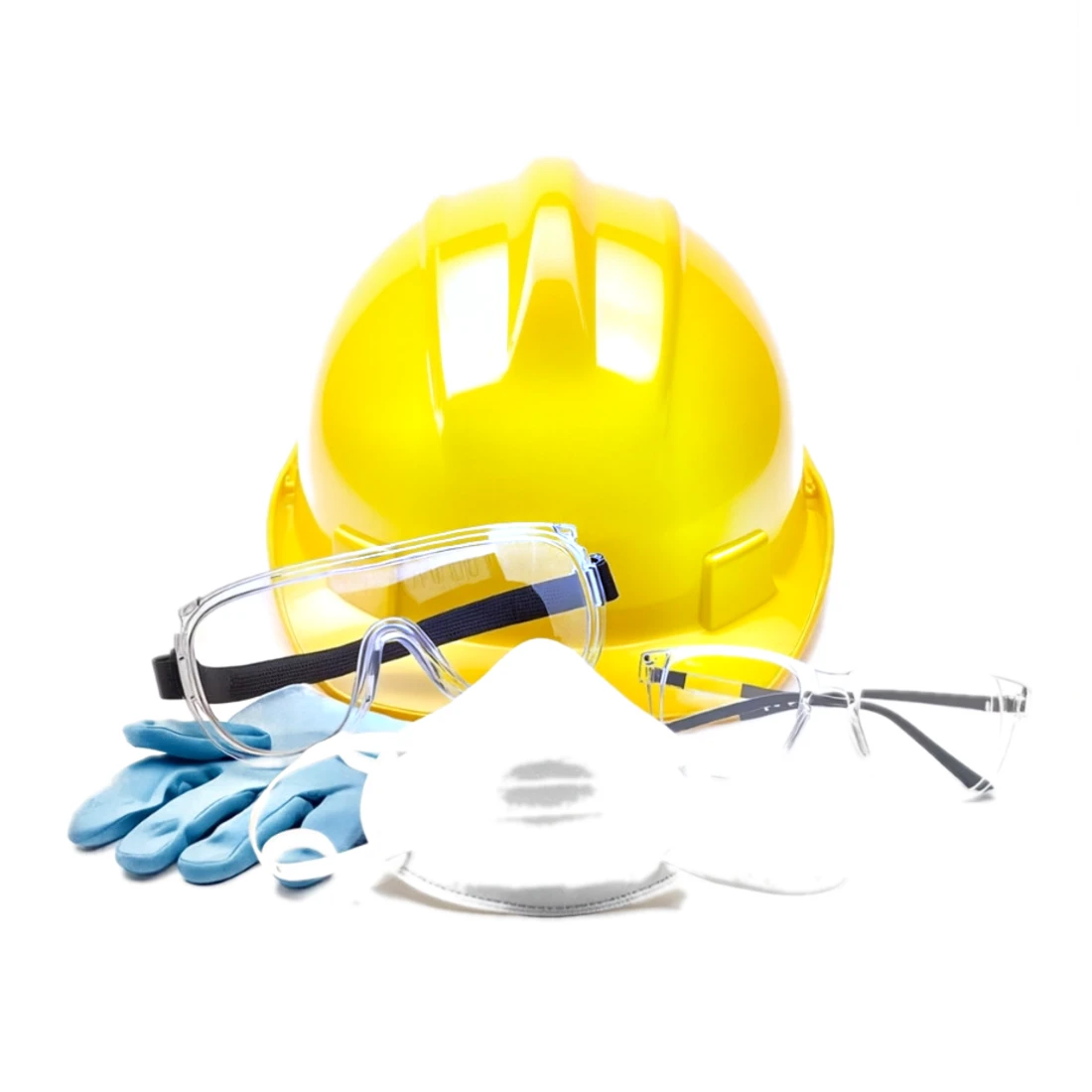 Casco de seguridad, gafas protectoras, guantes de nitrilo y mascarilla