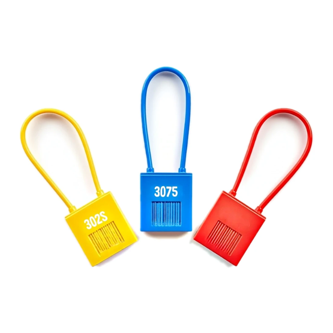 Tres sellos de seguridad de plástico, amarillo, azul y rojo, con numeración grabada